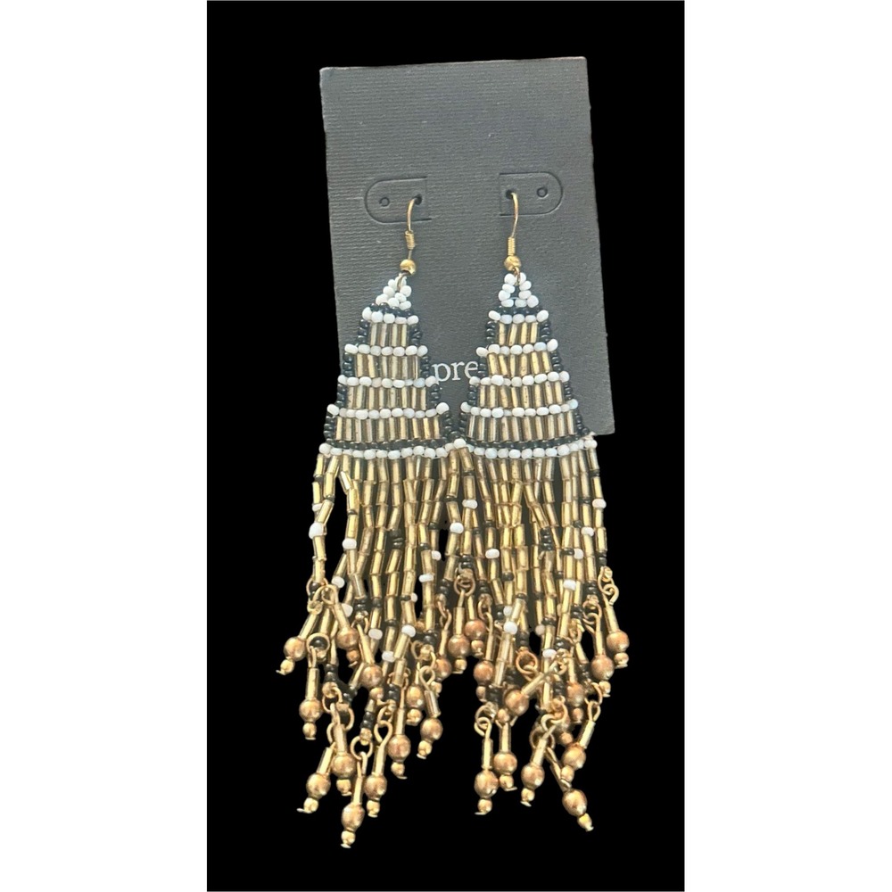 Boho Gold Black White Beaded Fringe Chandelier Shoulder Duster Earrings